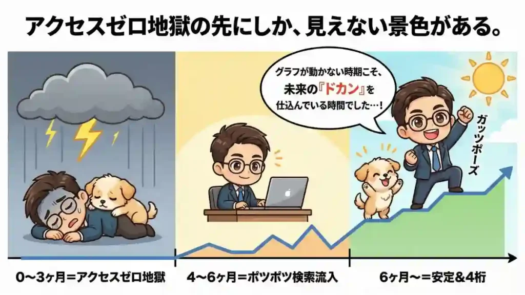 たかさんと愛犬のめるが、ブログ運営のタイムラインを表現した漫画風のイラストです。左から「0〜3ヶ月=アクセスゼロ地獄」でたかさんは雷雲の下でうなだれており、めるが寄り添っています。「4〜6ヶ月=ポツポツ検索流入」では、たかさんはパソコンに向かって作業しており、吹き出しで「グラフが動かない時期こそ、未来の『ドカン』を仕込んでいる時間でした…!」と語っています。最後に「6ヶ月〜=安定&4桁」では、晴れた空の下、右肩上がりのグラフの上でたかさんがガッツポーズをしており、めるも一緒に喜んでいます。メインコピーは「アクセスゼロ地獄の先にしか、見えない景色がある。」です。