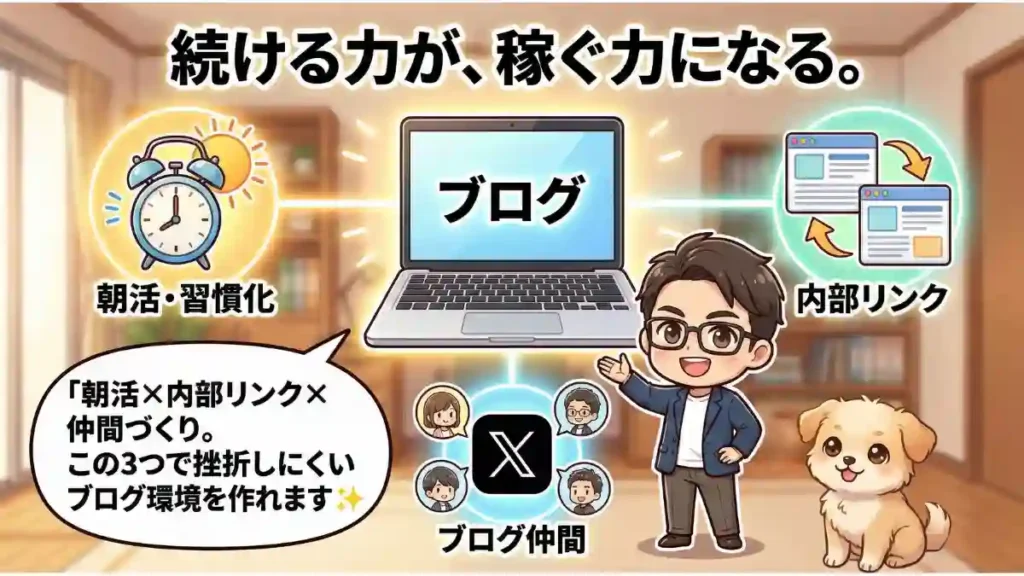 ノートPCを中心に「朝活・習慣化」「内部リンク」「ブログ仲間」の3つのアイコンが配置されたイラスト。たか(たかブログ管理人)が説明しており、愛犬のめるが隣にいる。「続ける力が、稼ぐ力になる。」というメインコピーと、たかのセリフ「朝活×内部リンク×仲間づくり。この3つで挫折しにくいブログ環境を作れます✨」が書かれている。
