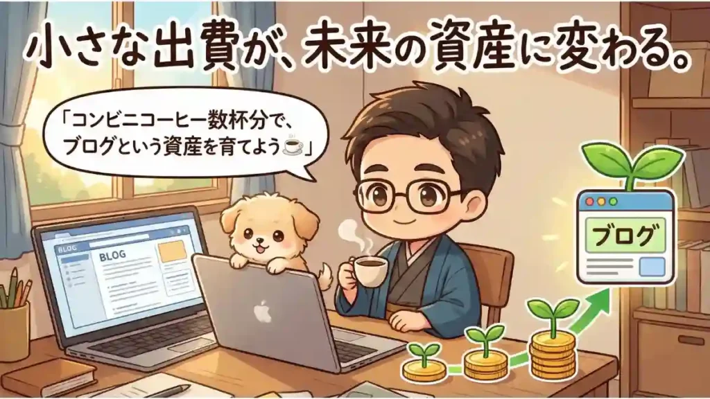 早朝のデスクで、たかさんがコーヒーを飲みながらノートPCに向かい、その横には愛犬のめるが顔を出している漫画風のイラスト。デスク上には、小さなコインから植物が育ち、それが最終的に大きなブログのアイコンへと成長していく様子が描かれています。「小さな出費が、未来の資産に変わる。」というメインコピーと、たかさんの吹き出しで「コンビニコーヒー数杯分で、ブログという資産を育てよう☕️」というメッセージが入っています。