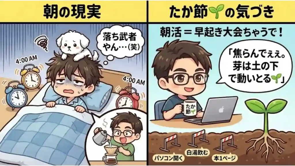 「朝の現実」と「たか節の気づき」を対比した図解。左は寝癖で「落ち武者」になり、コーヒーを失敗するタカと愛犬メル。右は「朝活＝早起き大会ちゃう」と悟り、笑顔で作業する姿。地面に埋まるほどの低いハードルと、土の下で育つ芽を描き、無理なく続けるコツを表現したアニメ調イラスト。