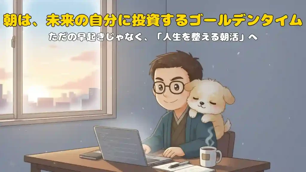 たかブログの管理人と愛犬のめるが、夜明けの窓辺のデスクでノートパソコンに向かい、朝活に集中している漫画風のイラスト。「朝は、未来の自分に投資するゴールデンタイム」と「ただの早起きじゃなく、「人生を整える朝活」へ」というテキストが重ねられています。