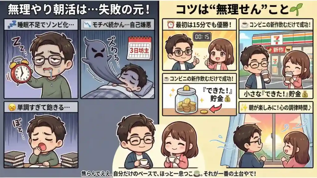 左右分割の図解。左は「無理やり朝活は失敗の元」として睡眠不足のゾンビ化や三日坊主のイラスト。右は「コツは無理せんこと」として、15分だけ、コンビニコーヒーでOK、小さな成功貯金など、楽しみながら続ける様子を男女のイラストで解説。下部に「焦らず自分のペースで」という応援メッセージ。
