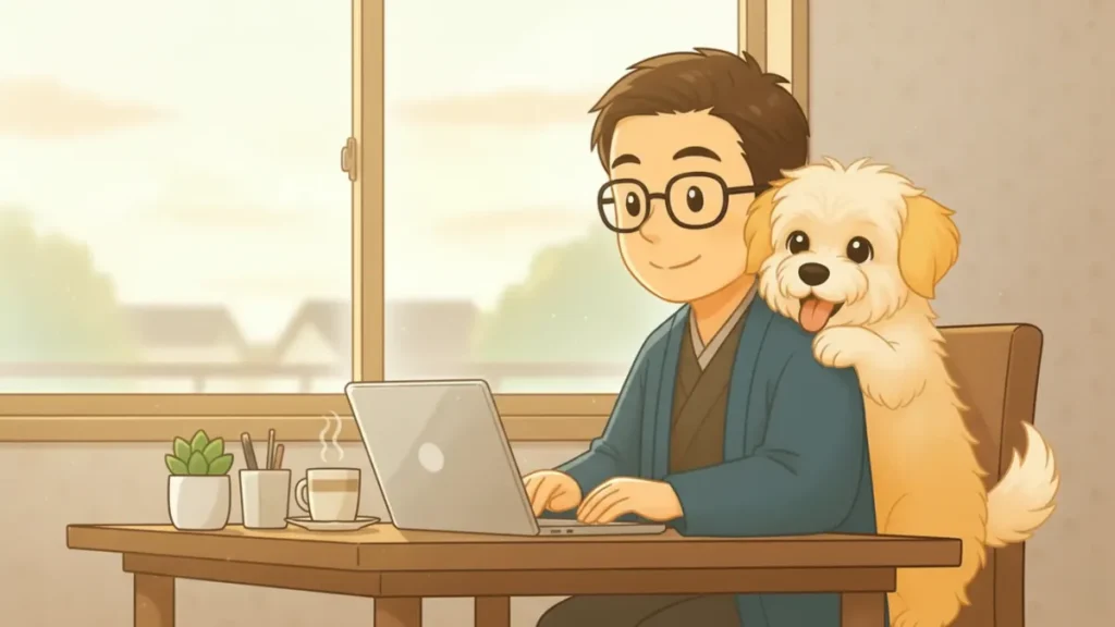朝日が差し込む窓辺でノートPCを開いて朝活をする男性と、応援するように寄り添う犬。爽やかで清潔感のあるアニメ調のイラスト。ブログのセクション見出し下に最適な横長構図。