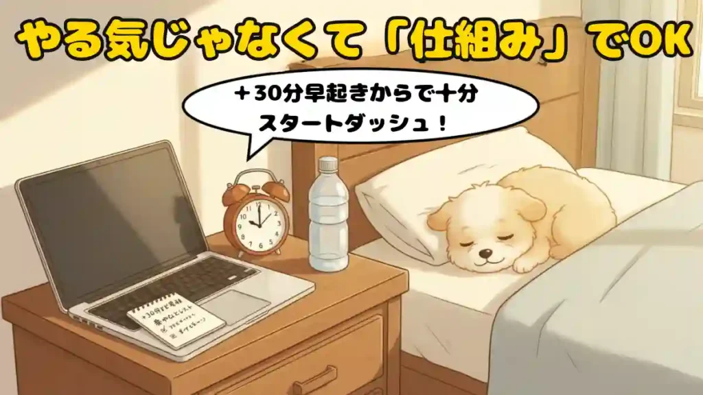 たかブログの愛犬めるがベッドで気持ちよさそうに寝ている横に、ナイトテーブルが置かれている漫画風のイラスト。ナイトテーブルには、目覚まし時計、ノートPC、水のペットボトル、そして「+30分だけ早起き」と「朝やることリスト」が書かれたメモが置かれている。「やる気じゃなくて「仕組み」でOK」というメインテキストと、「+30分早起きからで十分スタートダッシュ!」という吹き出しのテキストが重ねられている。