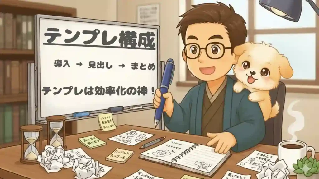 たかブログ管理人のたかと愛犬のめるが、温かみのあるデスクでリラックスしながら執筆しているイラスト。背景には、ホワイトボードに「テンプレ構成」「導入 → 見出し → まとめ」「テンプレは効率化の神！」と書かれている。デスクにはコーヒー、砂時計（タイマー）、走り書きされたメモや付箋が散らばっており、「考える前に手が動く」効率的な執筆の雰囲気を表現している。