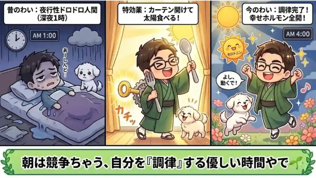 3コマ漫画形式の図解。左コマは夜1時、ドロドロに疲弊した男性と心配そうな子犬。中央コマはカーテンを開け放ち、太陽光を浴びて背中のネジが巻かれ「調律」される様子。右コマは朝4時、セロトニンが分泌され、幸せそうにジャンプする男性と子犬。下部に「朝は競争ちゃう、自分を『調律』する優しい時間やで」のテキスト。