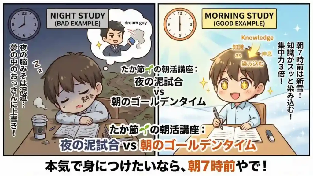 たか節🌱の朝活講座の図解。夜の勉強（泥試合）と朝7時前の勉強（ゴールデンタイム）を漫画で対比。左は疲れて寝落ちし、知識が泥道のように定着しない様子。右は朝日に包まれ集中し、知識が新雪のように染み込む様子を描写。「集中力3倍！」の強調も。結論は「本気で身につけたいなら、朝7時前やで！」。