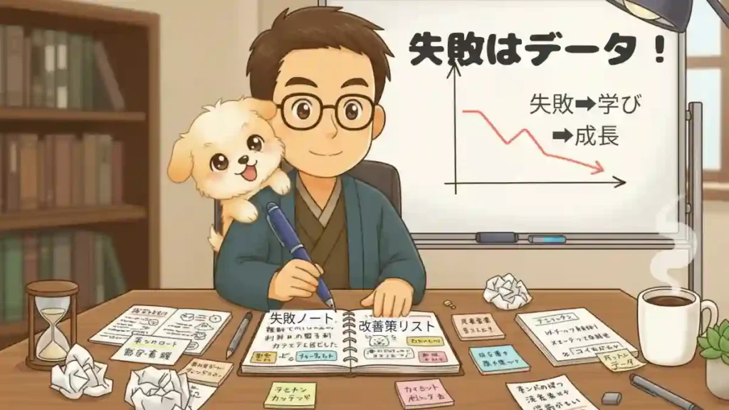 漫画風のちびキャラ「たか」と愛犬「める」が、デスクで「失敗ノート」と「改善策リスト」を前にしているイラスト。画面中央には「失敗はデータ！」というテキストが表示されており、明るい雰囲気の付箋や、下降線から力強く上昇する矢印のグラフが描かれ、「失敗から学び、前向きに成長する」様子が表現されている。デスクにはコーヒーカップや消しゴムなどがあり、リアルな作業感が伝わる。