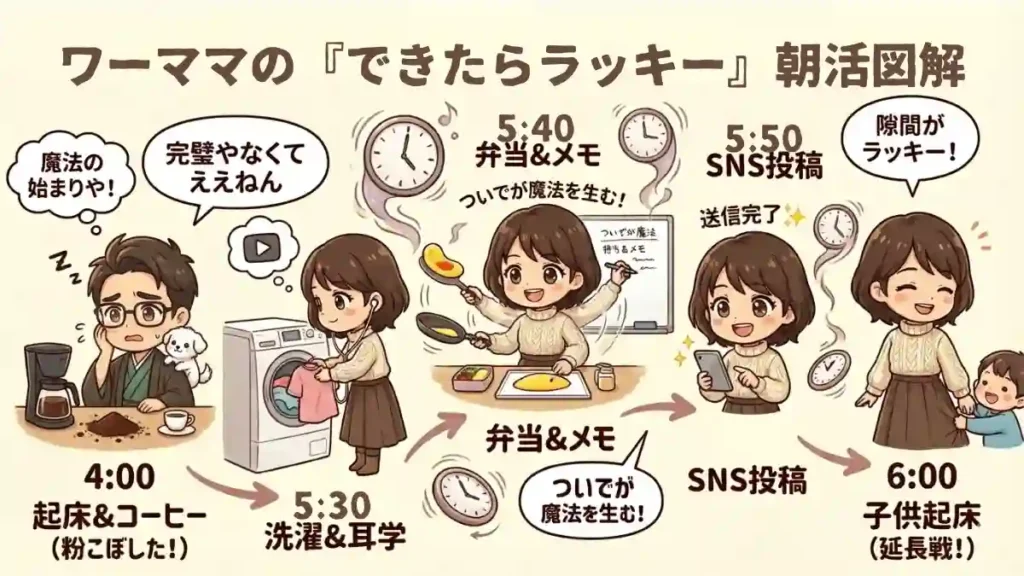 ワーママの「できたらラッキー朝活」図解。4時に起きた着物の男性（たか）は寝ぼけてコーヒーをこぼすが、妻は洗濯ついでに耳学、弁当作り中にメモと隙間時間を活用し、5時半にはSNS投稿を完了。完璧を求めず「ついで」で動く魔法のような朝を2Dアニメ調で表現。