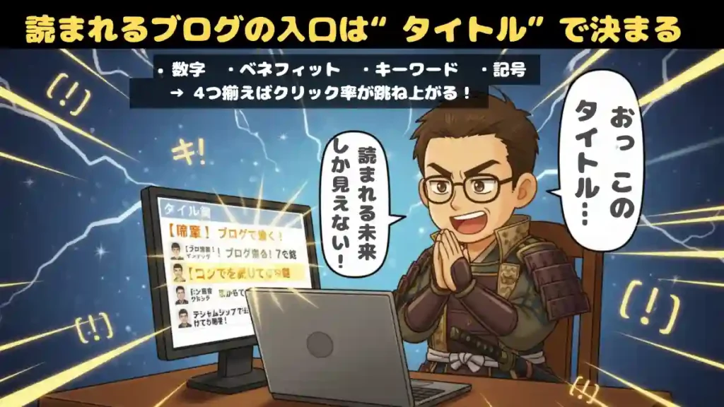 パソコンの画面を前に、タイトル案を見つけ「これだ！」と手を叩くちびキャラのブロガーが描かれたイラスト。画面には複数のタイトル案が並び、一つだけが黄金色に光っている。背景には記号（【】！数字）をモチーフにした光のエフェクトが散りばめられ、読者を引き寄せるタイトルの磁力を表現している。画像の上部には「読まれるブログの入口は“タイトル”で決まる」という大きなテキストと、小さな文字でタイトル作成の4つの要素（数字、ベネフィット、キーワード、記号）が書かれている。キャラクターの吹き出しには「おっ、このタイトル…読まれる未来しか見えない！」と書かれており、タイトル作成の重要性とワクワク感が伝わる構図。