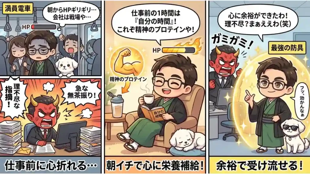 着物の男性たかと愛犬めるの3コマ漫画。左は出社だけですでに疲弊している様子。中央は出社前の1時間を自分のために使い、読書やコーヒーで「精神のプロテイン」を摂取する充実した表情。右は会社で理不尽なことがあっても、朝の達成感が「心の防具」となり、余裕の笑顔で仕事に取り組む様子。