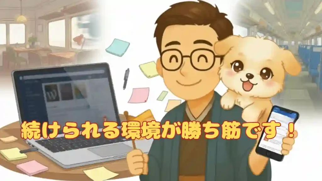 たかブログ管理人のたかと愛犬のめるが、左側にPC（WordPress画面）、右側にスマホ（メモアプリ）を持ち、背景にはカフェや電車など複数の場所が重ねられています。「続けられる環境が勝ち筋です！」というテキストがあり、どこでも執筆できる「すきま時間活用」を表現した、ちびキャラの2Dアニメ風イラスト。
