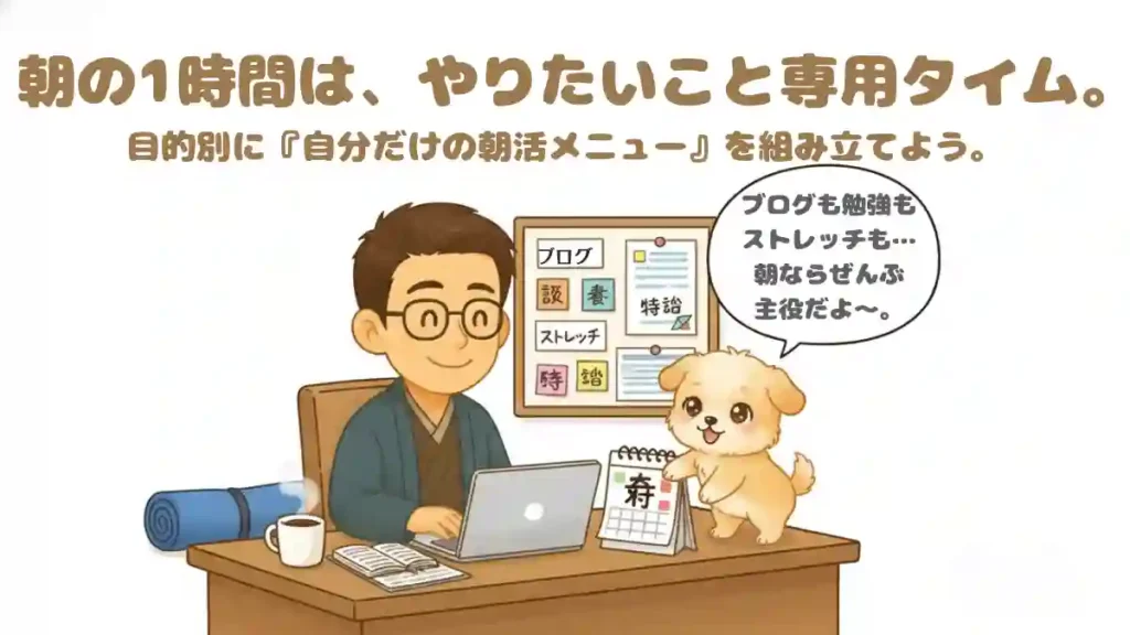 漫画風ちびキャラのたかさん(眼鏡をかけた日本人男性)が早朝のデスクでノートパソコンに向かっているイラスト。デスク周りには本、コーヒー、ヨガマットが置かれ、後ろのホワイトボードには「ブログ」「読書」「勉強」「ストレッチ」と書かれている。愛犬のめるちゃんがカレンダーの「朝」の部分を前足で指し、「どれにする?」と問いかけるように見上げている。メインテキストは「朝の1時間は、やりたいこと専用タイム。」、サブコピーは「目的別に『自分だけの朝活メニュー』を組み立てよう。」、めるちゃんの吹き出しには「ブログも勉強もストレッチも…朝ならぜんぶ主役だよ〜。」と書かれている。