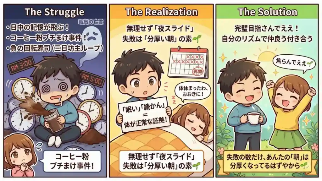 朝活の苦悩と解決を描いた3コマ漫画。左は眠気と失敗の「負のループ」に陥る様子。中央は「続かないのは体が正常な証拠」と受け入れ、休息を肯定。右は「完璧を目指さず、自分のリズムでええ」と笑顔で過ごす解決策。「失敗の数だけ朝は分厚くなる」と締めくくる。