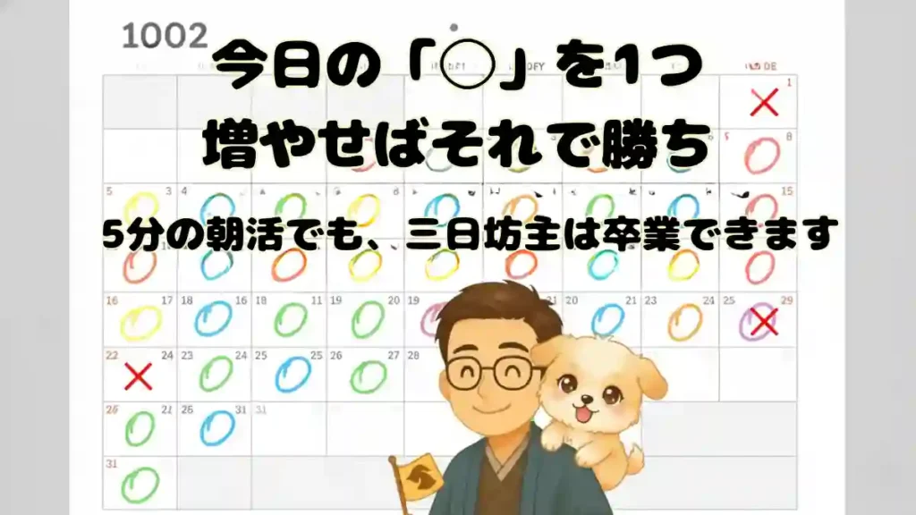 漫画風ちびキャラのたかさん(眼鏡をかけた日本人男性)と愛犬のめるちゃん(子犬)が、達成感のあるカラフルなカレンダーを背景に立っているイラスト。カレンダーには「◯」が多く、「×」が点在している。モチベーションを高めるメインテキスト「今日の『◯』を1つ増やせばそれで勝ち」と、サブコピー「5分の朝活でも、三日坊主は卒業できます」が配置されている。たかさんとめるちゃんの表情は明るく、目標達成の喜びを表している。