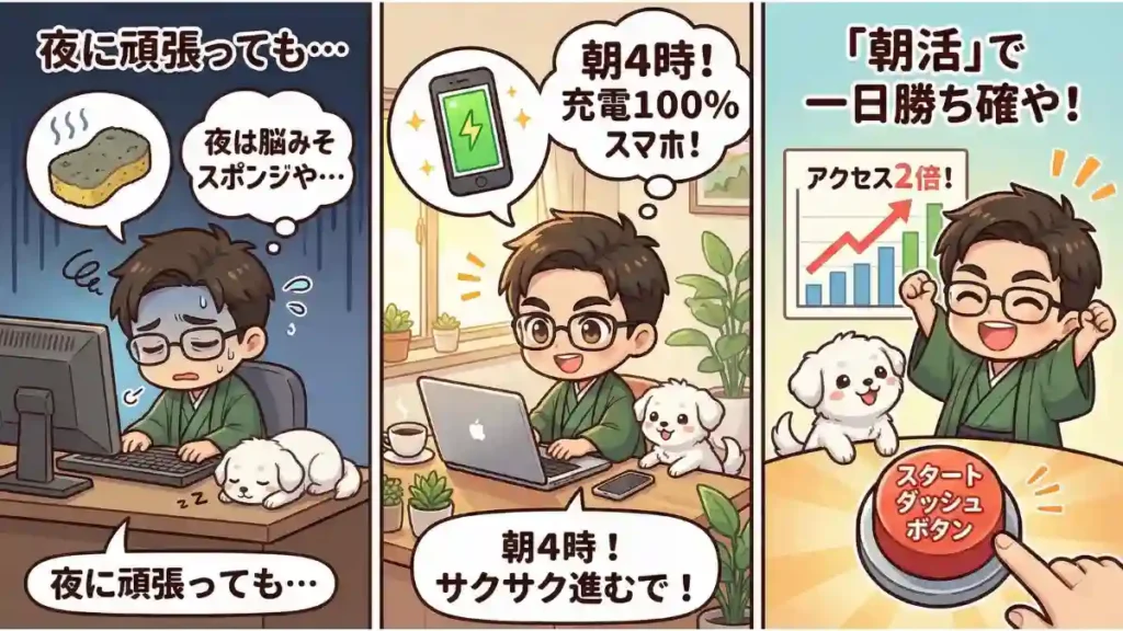 着物の男性と白い犬が登場する、朝活のメリットを説明した3コマ漫画。左のコマでは夜遅くに疲れて作業し「脳みそスポンジ」と嘆く様子。中央のコマでは朝4時に「充電100%スマホ」のように効率よく作業する様子。右のコマでは「アクセス2倍」の成果を出し、「スタートダッシュボタン」を押して「一日勝ち確や！」と喜ぶ様子が描かれている。