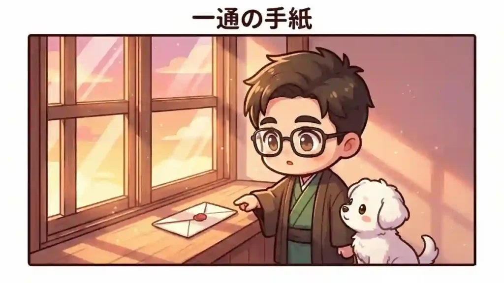 朝焼けの柔らかな光が差し込む窓辺にポツンと置かれた一通の手紙と、それを見つめる着物姿のたかと愛犬めるのイラスト。漫画風のちびキャラによる2Dアニメ調のデザインで、静かな朝の始まりと物語の予感をさせる情緒的なワンシーン。