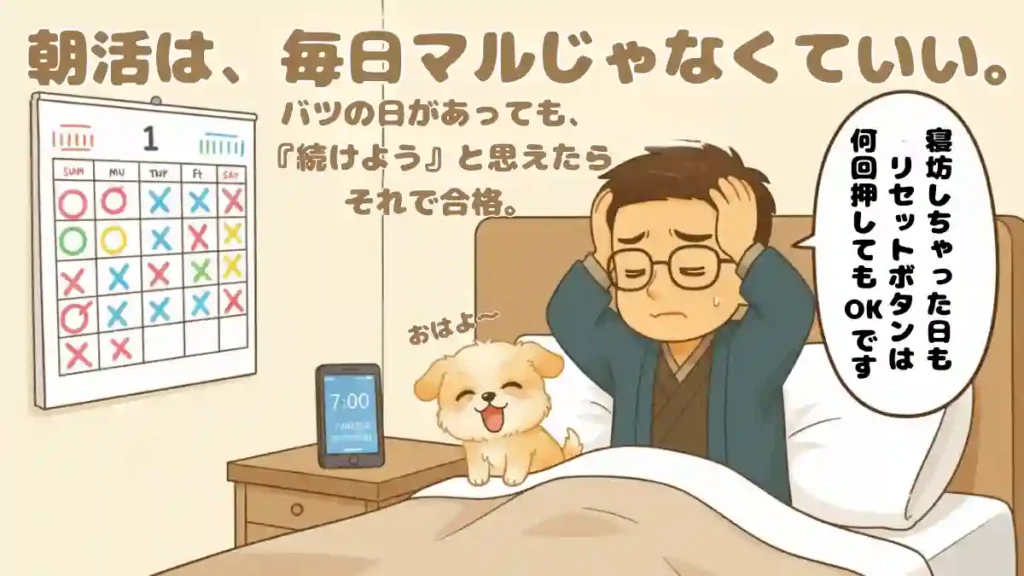 漫画風ちびキャラのたかさんがベッドの上で頭を抱え、「やっちゃった…」という表情をしているイラスト。枕元には「7:00」のアラーム履歴があるスマホが置かれ、その横で愛犬のめるちゃんがあくびをしながらたかさんを見上げている。背景には、マルとバツが混ざったカレンダーがあり、全体的に明るい雰囲気。メインテキスト「朝活は、毎日マルじゃなくていい。」、サブコピー「バツの日があっても、『続けよう』と思えたらそれで合格。」、たかさんの吹き出し「寝坊しちゃった日も、リセットボタンは何回押してもOKです。」が配置されている。