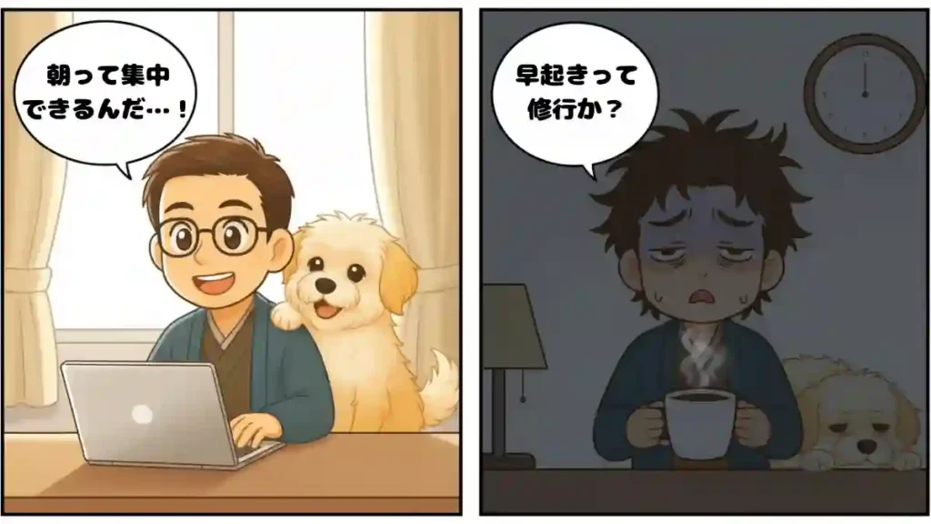 朝活のメリット・デメリットを比較する2分割(スプリット)イラスト。左側は朝日の中で集中して作業する爽やかな男性と犬(セリフ:「朝って集中できるんだ…!」)。右側は寝癖で眠たげな表情でコーヒーを持つ男性(セリフ:「早起きって修行か?」)。可愛いアニメ調のちびキャラで描かれたブログのセクション見出し下に最適な横長構図。
