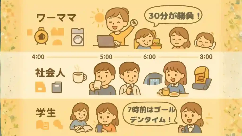タイプ別の朝活スケジュール例。ワーママ・社会人・学生の朝の行動を比較したタイムライン図解。