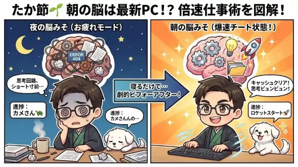 「たか節」の朝活図解。左側は「夜の脳みそ」で、着物姿の男性キャラ「たか」と愛犬「める」が疲れ果て、脳内が混乱し作業が進まない様子。右側は「朝の脳みそ」で、二人が元気になり、脳内が整理されロケットのように爆速でPC作業が進む様子を描写。夜から朝への劇的な効率変化を比較した漫画風イラスト。