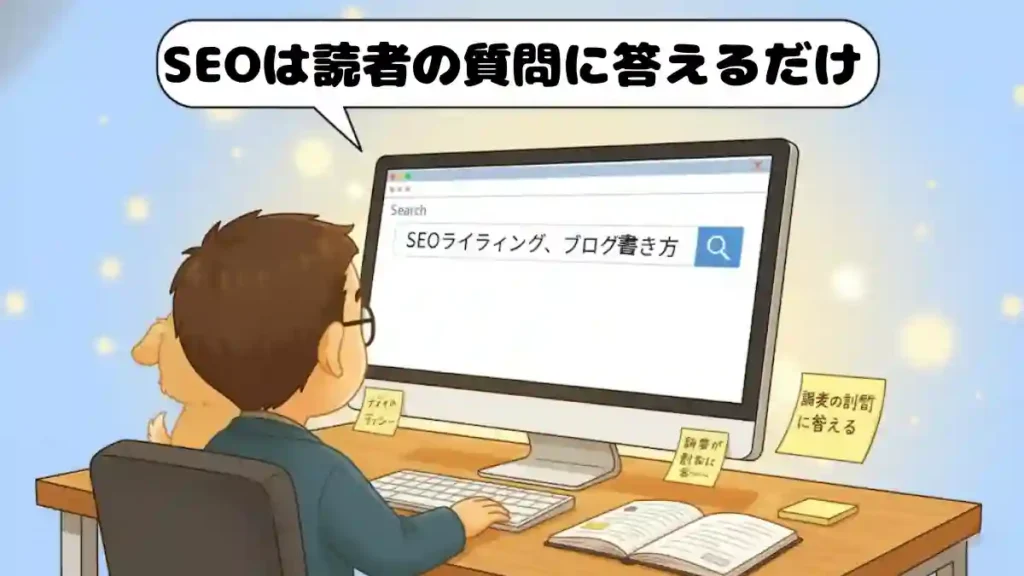 パソコンの画面に大きく検索窓（Search）が映っており、「SEOライティング」「ブログ書き方」といったキーワード候補が入力されているイラスト。横にはメモ帳と付箋があり、「読者の質問に答える」と手書きで強調されている。ちびキャラの男性がPCを覗き込んでおり、「SEOは“読者の質問”に答えるだけ」という吹き出しが出ている。画面には光が差し込むような明るいデザインで、「探している言葉を届ける」イメージを表現している。