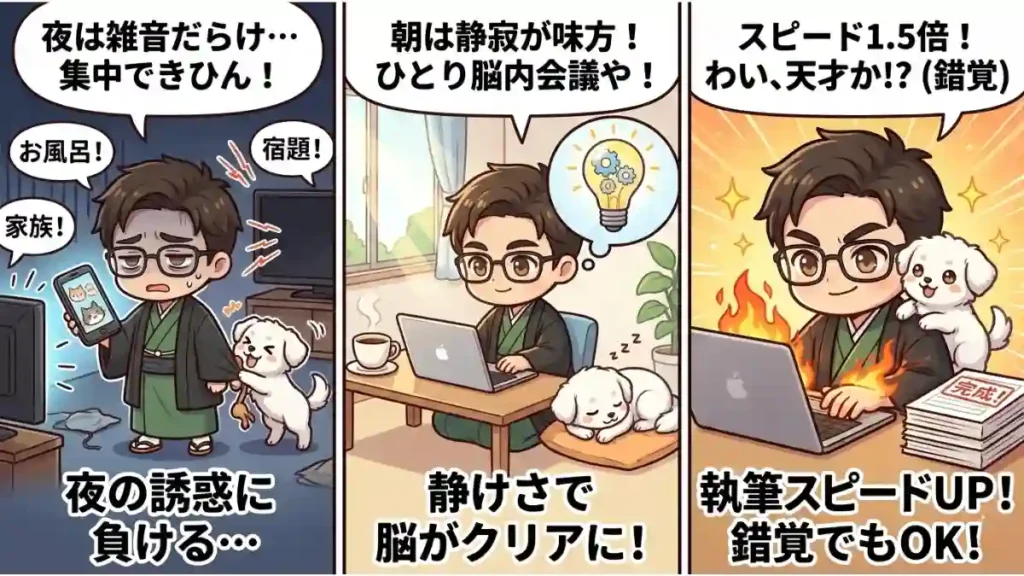 着物の男性たかと愛犬めるの3コマ漫画。左は夜、雑音や妨害で「集中できひん！」と疲労困憊。中央は朝、静かな部屋でコーヒーを飲み「脳がクリアに！」と集中してPC作業。右は「スピード1.5倍！わい、天才か！？」と炎を背に高速執筆し、原稿を完成させて「錯覚でもOK！」と喜ぶ様子。朝活のメリットを表現。
