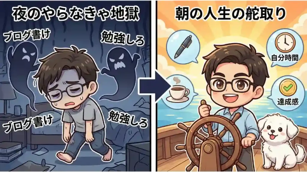 たか節の解説図解。左の「夜のやらなきゃ地獄」では、疲弊したちびキャラのたかが「ブログ書け」「勉強しろ」というお化けに追われている。右の「朝の人生の舵取り」では、元気なたかと愛犬めるが朝日の中で船の舵を握り、「自分時間」と「達成感」を得ている。夜の義務感から解放され、朝に人生の主導権を握る変化を対比させたイラスト。