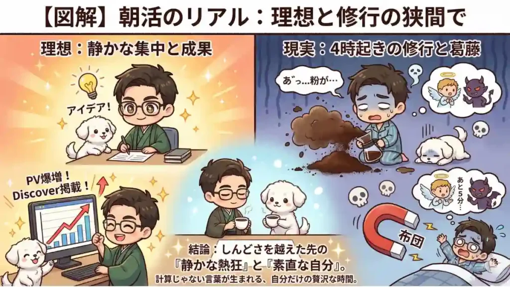 図解『朝活のリアル：理想と修行の狭間で』。左側は「理想：静かな集中と成果」として、たかと愛犬めるが笑顔で執筆し、ブログPV爆増やDiscover掲載を達成している様子。右側は「現実：4時起きの修行と葛藤」として、眠気でコーヒー粉をこぼしたり、布団の強力な誘惑や「あと5分」という悪魔の囁きと戦う泥臭い様子。中央下部には結論として「しんどさを越えた先の『静かな熱狂』と『素直な自分』」が得られるというメッセージと共に、穏やかにコーヒーを飲む二人が描かれている。