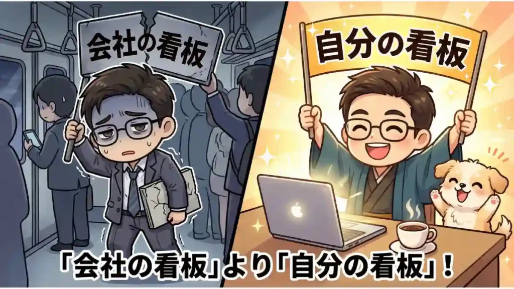 満員電車で疲弊し「会社の看板」を持つスーツ姿の男性と、自宅でパソコンを開き輝く「自分の看板」を掲げて笑顔で働くたかと愛犬めるの対比イラスト。「会社の看板」より「自分の看板」!というテキストが添えられている。