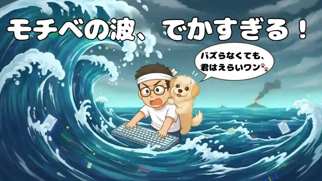 激しい青い波にのまれそうになっている男性ブロガー「たか」が、必死の形相でキーボードにしがみついている。波の背景には「モチベの波、でかすぎる！」という大きなテキストが表示されている。たかの隣には、白のマルプー「める」が寄り添い、「バズらなくても、君はえらいワン🐾」と励ます吹き出しを出している。