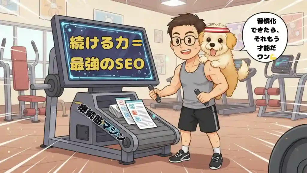 漫画風の2Dアニメ調のイラスト。筋トレウェアを着た男性ブロガー「たか」が、マルプーのちびキャラ「める」を肩に乗せて、ジムの中にいる。たかは笑顔で、手にはダンベルのような形のペンを持っている。「継続筋」という名のマシン（ディスプレイ付きのトレッドミルのような形）の前に立っており、マシン上にはブログ記事に見立てた紙が積み上げられている。マシンの大きなディスプレイには、「続ける力＝最強のSEO」というテキストが表示されている。めるの吹き出しには「習慣化できたら、それもう才能だワン💪」というセリフがある。背景は明るいジムのトレーニングルームで、他のフィットネスマシンやダンベルが配置されている。