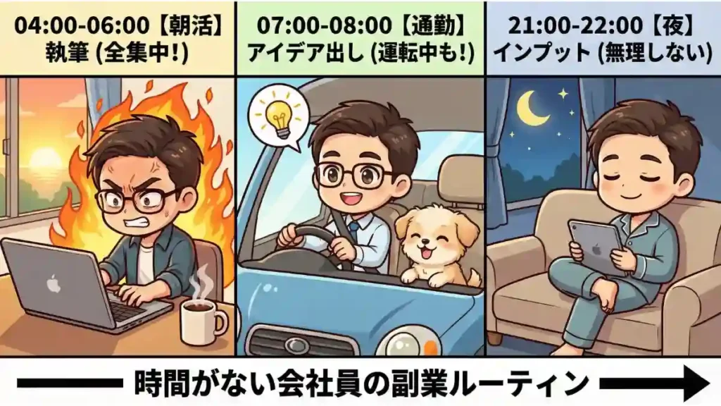 会社員の副業スケジュール図解。左から「朝4時:集中して執筆」「朝7時:運転中にアイデア出し」「夜21時:リラックスしてインプット」の3つのシーンが描かれたタイムライン。タカと愛犬メルが時間の使い分けを実践している。