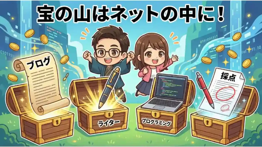 漫画風のちびキャラであるたかと女性が、4つの開いた宝箱から飛び出す「ブログ(巻物)」「ライター(ペン)」「プログラミング(PC)」「採点(赤ペンと用紙)」を見て喜んでいる。背景にはデジタルな都市と金貨が舞い、「宝の山はネットの中に!」というテキストが上部にある。