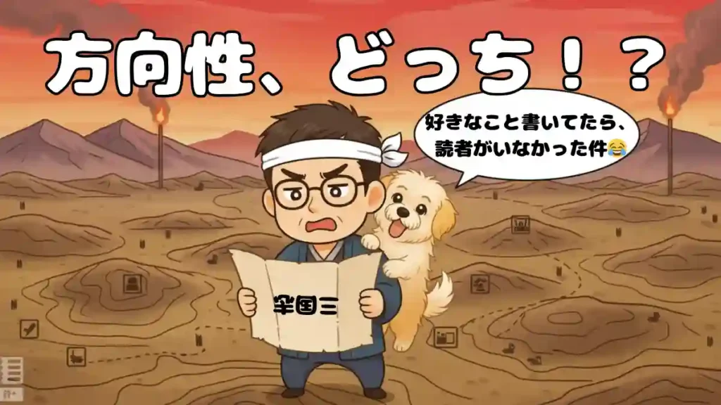 三国志の戦場マップらしき荒野で、ハチマキを巻いた男性ブロガー「たか」が地図を逆さまに持って困惑している。後ろから子犬が心配そうに寄り添い、たかの頭上には「方向性、どっち！！？」という大きな文字と、「好きなこと書いてたら、読者がいなかった件😂」という吹き出しがある。背景には狼煙が上がり、戦場の緊張感が漂うが、たかの表情はユーモラス。