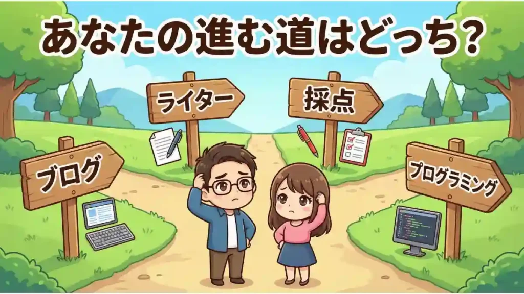 漫画風のちびキャラであるたかと女性が分かれ道で悩んでおり、それぞれの道には「ブログ」「ライター」「採点」「プログラミング」の看板が立っている。「あなたの進む道はどっち?」というテキストが上部にある。