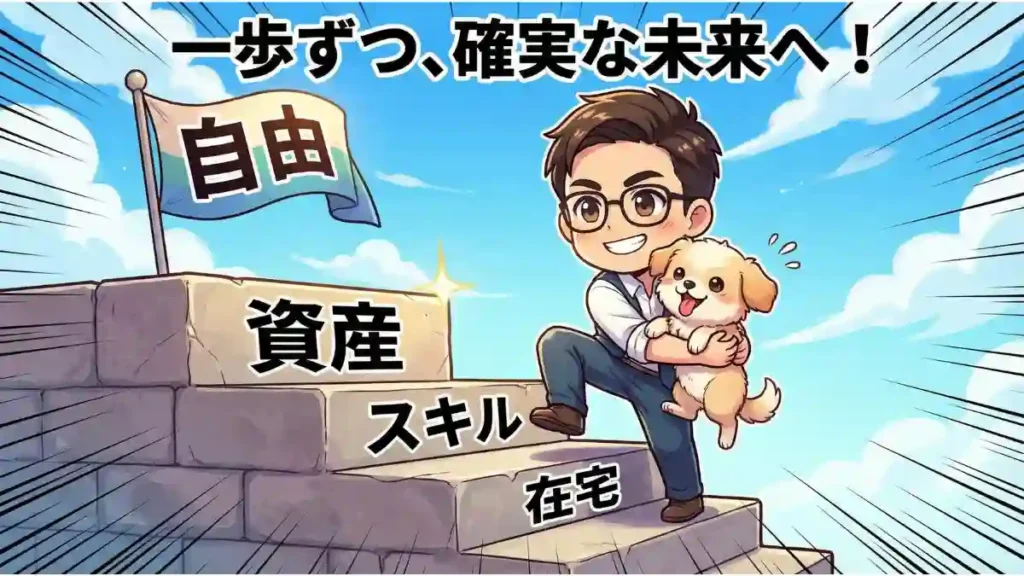 漫画風のちびキャラであるたかが愛犬めるを抱え、青空の下で石段を登っている。「在宅」「スキル」「資産」と書かれた階段を一段ずつ登り、頂上には「自由」と書かれた旗がはためいている。「一歩ずつ、確実な未来へ!」というテキストが上部にある。