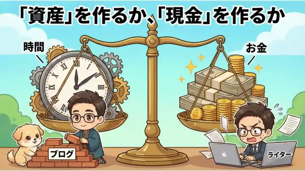 漫画風の天秤イラストで、左側の皿には「時間」を表す大きな時計と歯車があり、ちびキャラのたかと愛犬めるが「ブログ」のレンガを積んでいる。右側の皿には「お金」を表す大量の札束と硬貨があり、スーツ姿のたかが「ライター」として必死にタイピングしている。「資産」を作るか、「現金」を作るかというテキストが上部にある。