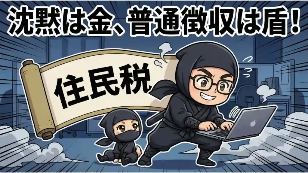漫画風のちびキャラであるたかと愛犬めるが忍者の格好をし、たかがノートパソコンで作業をしている。背後には「住民税」と書かれた大きな巻物がある。上部には「沈黙は金、普通徴収は盾!」というテキストが大きく表示されている。