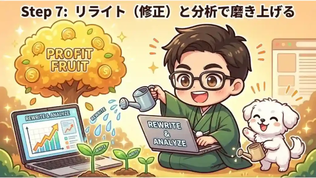 ブログStep7「リライトと分析」の解説画像。ちびキャラのたかが「リライト」という水をブログの苗木に注ぎ、愛犬めるも横で手伝っている。丁寧な水やり（修正）により、背景のグラフは右肩上がりに成長し、木には「収益」の果実が実っている。「記事は書きっぱなしにせず、育てて初めて成果が出る」ことを表現したイラスト。