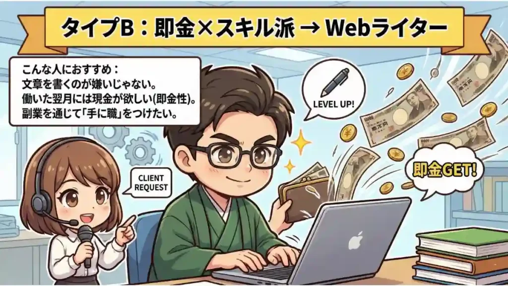 副業タイプB「即金×スキル派→Webライター」の解説イラスト。おすすめな人は、文章を書くのが嫌いでなく、即金性が欲しい人。着物のたかがPCで執筆し、スキルUPと「即金GET!」を実現。女性オペレーターから「CLIENT REQUEST」を受ける様子。漫画風2Dアニメ調の図。