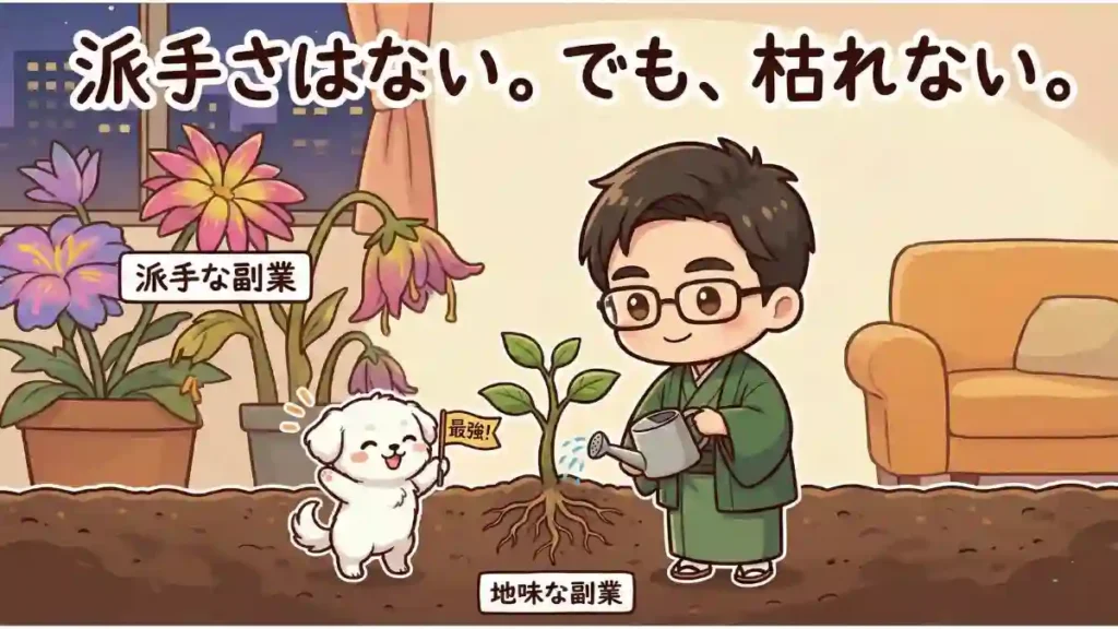 「派手さはない。でも、枯れない。」という文字の下、ちびキャラのたかが着物姿でジョウロを持ち、「地味な副業」と書かれた小さな苗に水をあげています。根は深く張っています。隣で愛犬のめるが「最強！」の旗を振って応援。対照的に「派手な副業」と書かれた大きな花は枯れています。漫画風の２Dアニメ調イラスト。