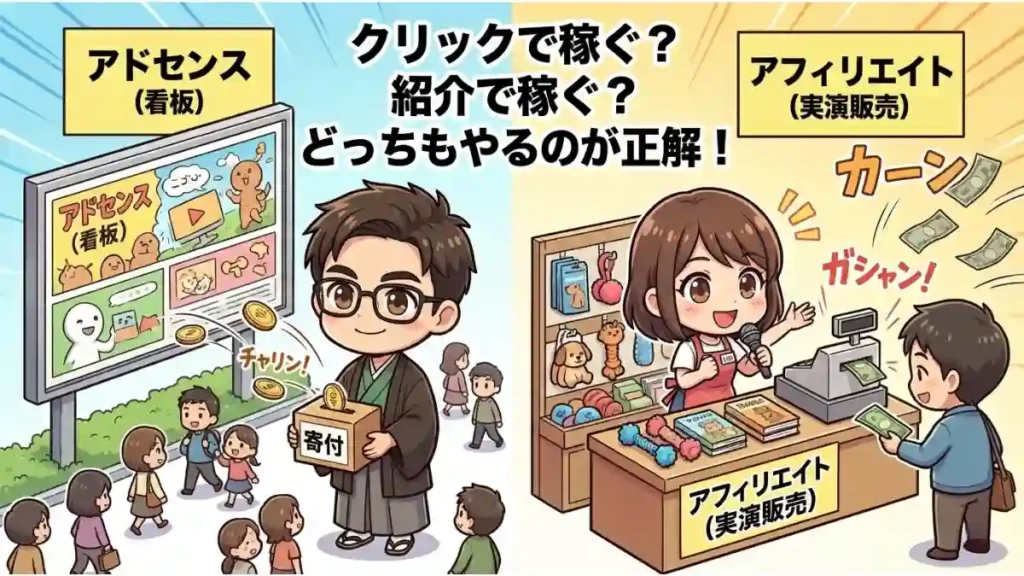 ブログ収益化の2大手法を比較した図解。左は「アドセンス」で、看板広告の前を人が通るだけでチャリンと報酬が発生する様子。右は「アフィリエイト」で、たかが実演販売を行い商品が売れてガシャンと大きな報酬を得る様子。「クリックで稼ぐ？ 紹介で稼ぐ？ どっちもやるのが正解！」と推奨されている。