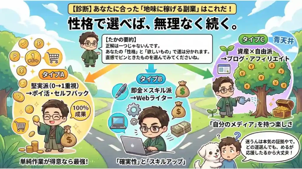 【診断】あなたに合った「地味に稼げる副業」はこれだ！のイラスト。「性格で選べば、無理なく続く。」というテーマで、タイプA「堅実派（ポイ活）」、タイプB「即金×スキル派（ライター）」、タイプC「資産×自由派（ブログ）」の3つを、それぞれの特徴を示すアイコンと、たかの要約、愛犬めるの応援メッセージと共に図解した漫画風2Dアニメ調のチャート。