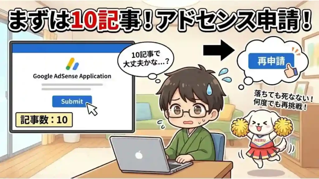 ブログのステップ3「10記事でアドセンス申請」の図解イラスト。「記事数：10」の画面でGoogleアドセンスの申請ボタンを押すたかが不安そうに「大丈夫かな…？」と思っている。横でチアリーダー姿のめるが「落ちても死なない！何度でも再挑戦！」と励まし、再申請のボタンを指差している様子。「まずは10記事！アドセンス申請！」というメッセージが強調されている。