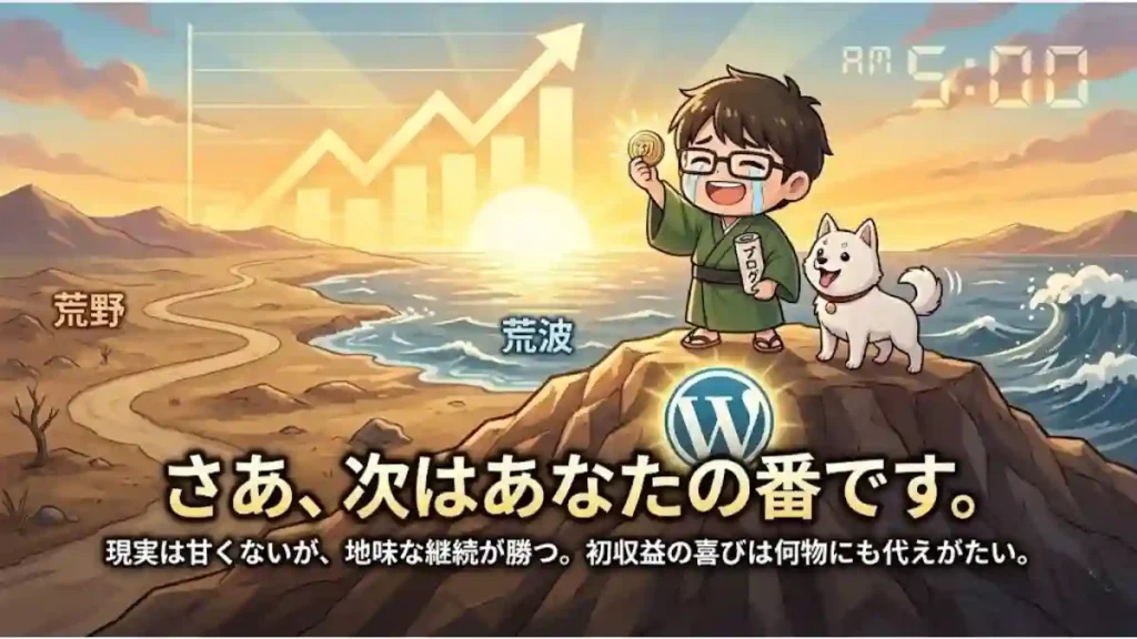 ブログ収益化を達成し、日の出の山頂で初収益のコインを掲げて嬉し泣きするたかと、愛犬めるのイラスト。背景には荒野と荒波の道、右肩上がりのグラフ、AM5:00の時計があり、苦労と継続の末の成功を表現。「さあ、次はあなたの番です。現実は甘くないが、地味な継続が勝つ。初収益の喜びは何物にも代えがたい。」というメッセージが記されている。