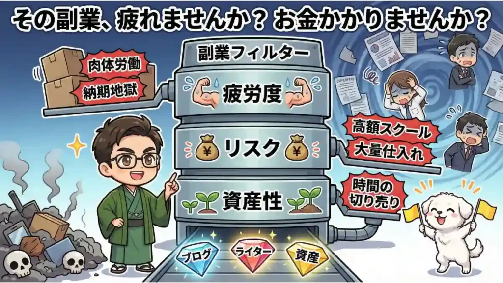 その副業、疲れませんか？お金かかりませんか？」の問いかけと、巨大な「副業フィルター」のイラスト。フィルターは「疲労度」「リスク」「資産性」の3段構造で、肉体労働や高額スクールを弾き、ブログやライターといった資産になる宝石を排出。着物のたかが自信満々に指差し、愛犬めるが旗を振って喜んでいる。漫画風2Dアニメ調。