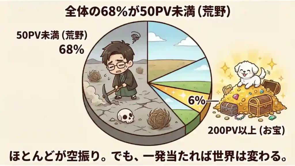 ブログ記事のPV内訳を示す円グラフのイラスト。68％は「50PV未満の荒野」で、着物姿のたかが荒地で苦労して穴を掘っている。対して6％は「200PV以上のお宝」で、愛犬めるが金貨の山で笑顔を見せている。「ほとんどが空振りでも、一発当たれば世界は変わる」という、ブログ収益化の厳しい現実と希望を描いた図解。