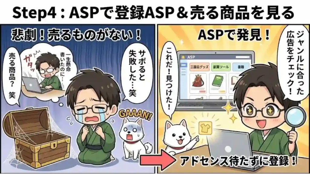 ブログのステップ4「ASP登録」の重要性を説く2コマ漫画。左では、ASP登録をサボり「売る商品がない！」と空の宝箱の前で嘆くたかと驚くめる。右では、ASPで自分のジャンル（三国志グッズ、副業ツールなど）に合った広告を見つけて喜ぶたかとめる。「アドセンス待たずに登録！」と強調されている。