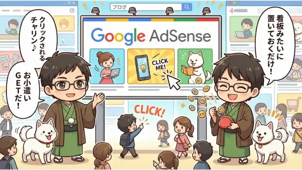 ブログのちびキャラたかと愛犬めるが、巨大なGoogleアドセンス看板の前で、クリック報酬型の仕組みを解説するイラスト。「看板みたいに置いておくだけ！」と説明するたかの横で、広告がクリックされて「チャリン♪」と小銭が発生。たかが嬉しそうにがま口財布で報酬を受け取り、「お小遣いGETだ！」と喜んでいる様子を描いた図解。